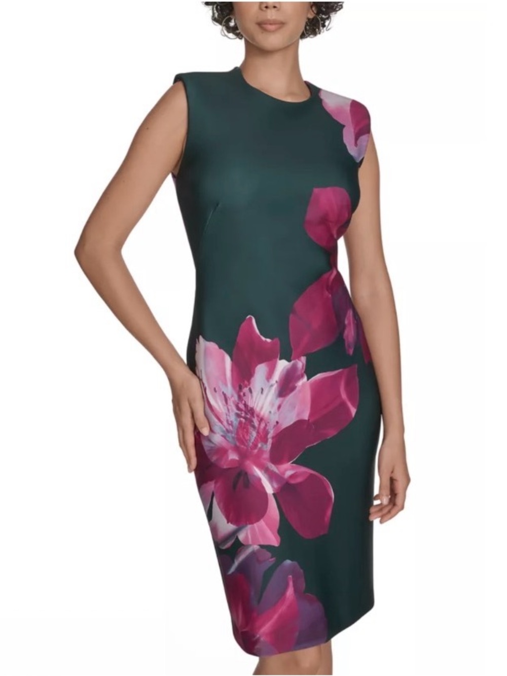 Calvin Klein Dark Green Sheath Dress with Pink Floral Accents
